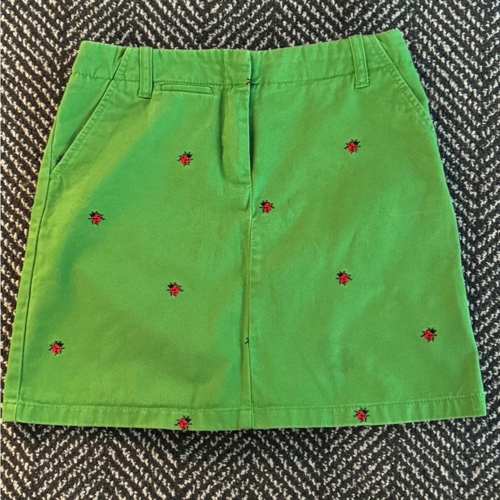 J. Crew Bright Green Mini Skirt with Red Embroidered Ladybugs